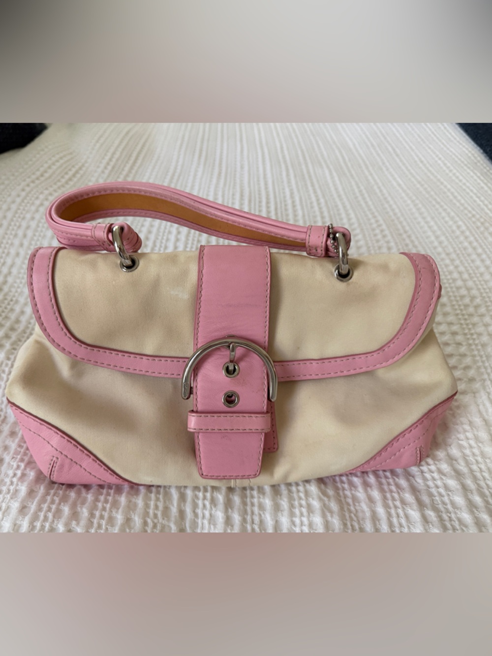 Coach Vintage Pink Leather and Cream Nylon Buckle Handbag